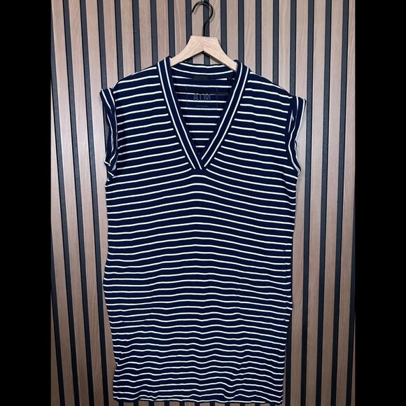 ATM Dress Small Womens Blue V Neck 100% Pima Cotton Cap Sleeve Striped - Picture 1 of 6